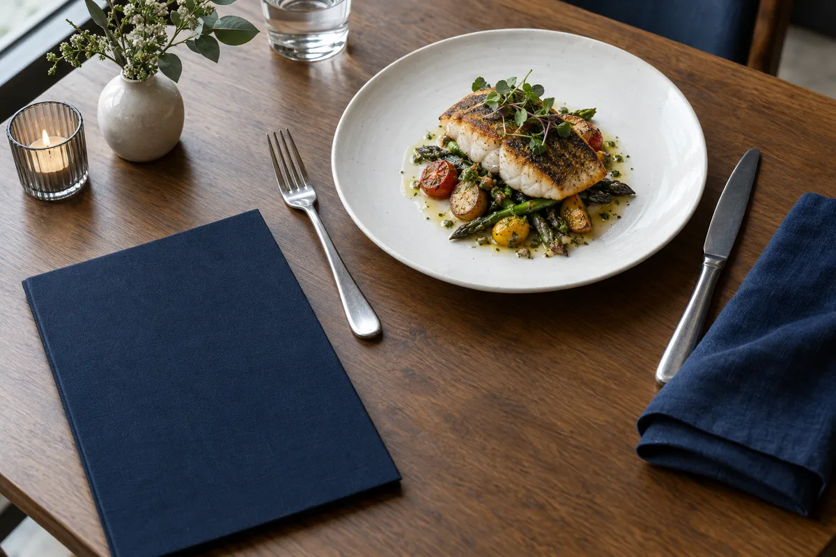 A carefully plated entrée beside a navy menu and linen napkin